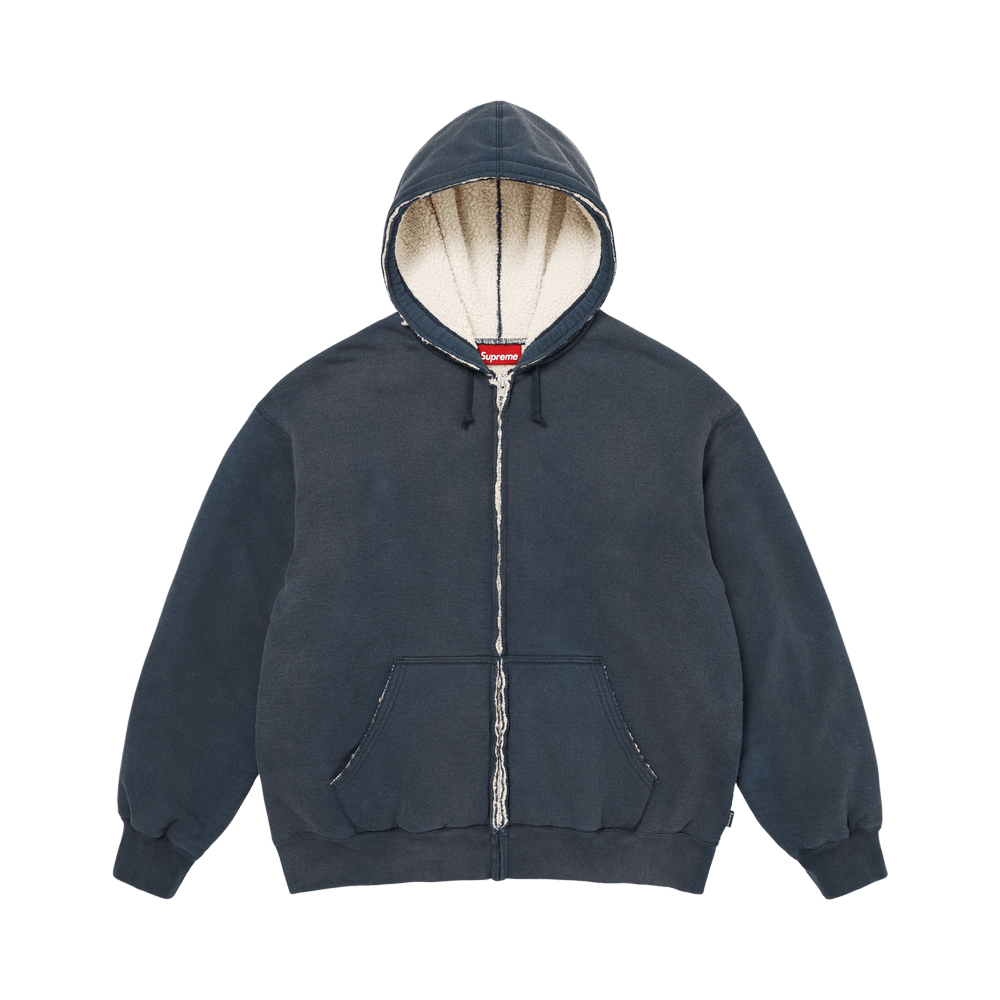 Supreme Shearling Lined Zip Up Hooded Sweatshirt Navy