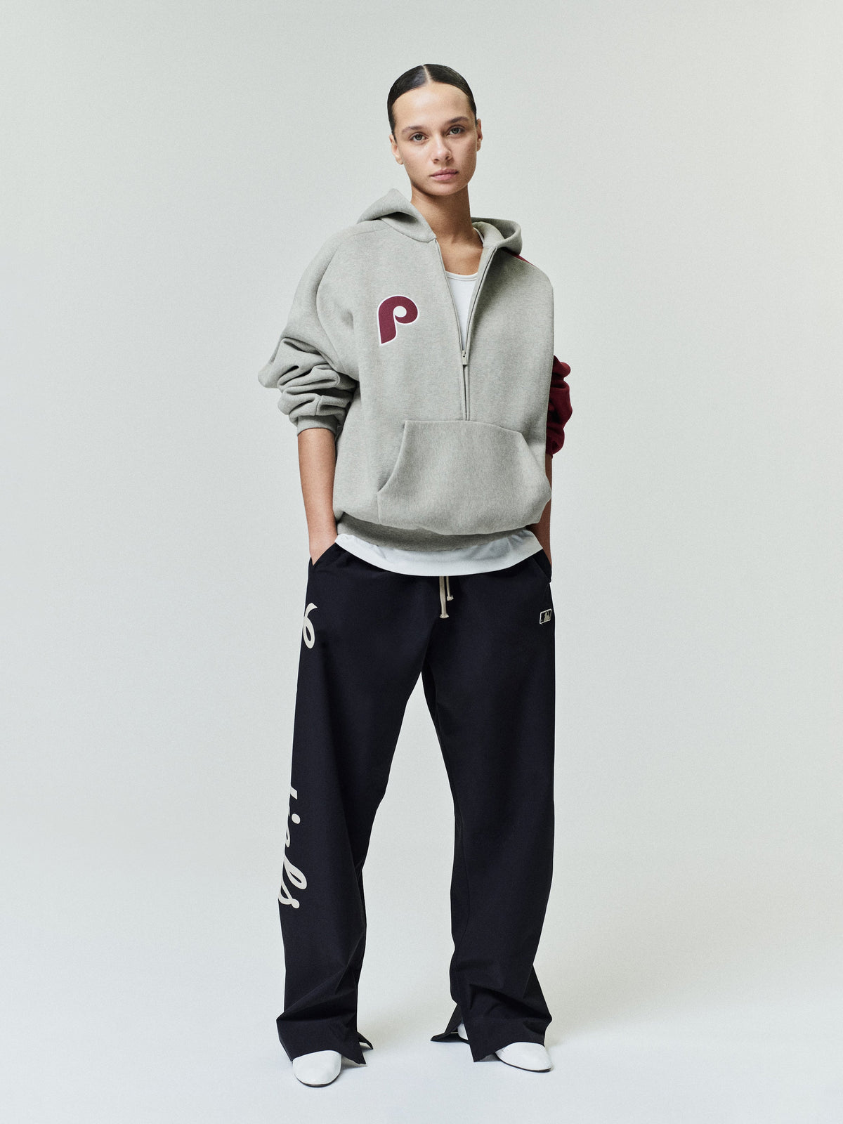 Fear of God Essentials Phillies Raglan Half Zip Sport Hoodie Seal Heather/ Cabernet - Im Your Wardrobe
