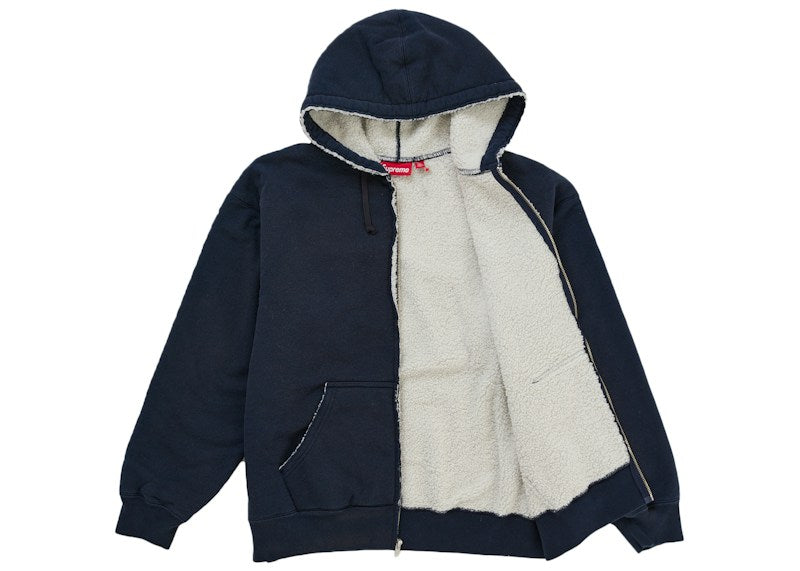 Supreme Shearling Lined Zip Up Hooded Sweatshirt Navy