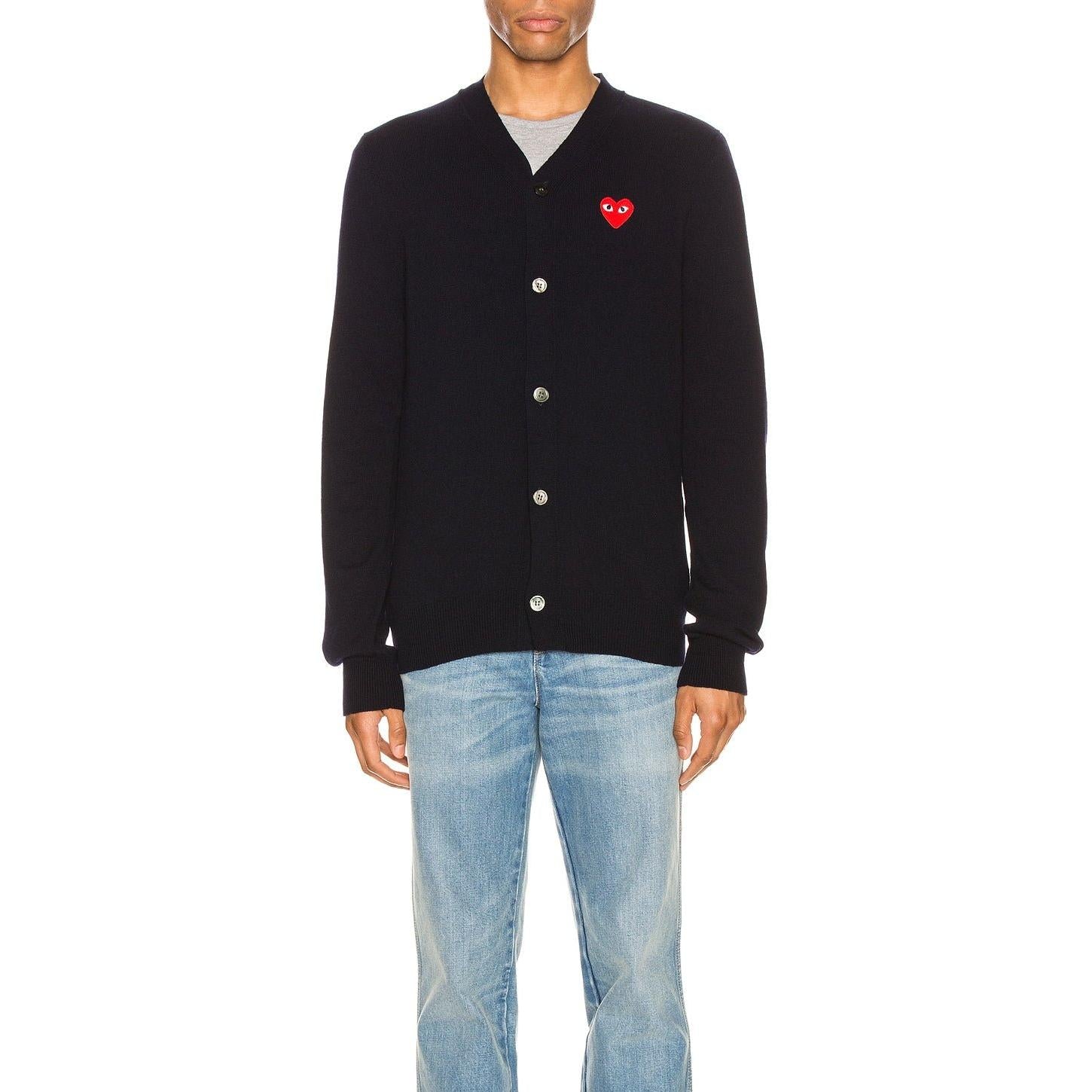 Comme des Garcons PLAY Lambswool Cardigan With Red Emblem Navy - Im Your Wardrobe