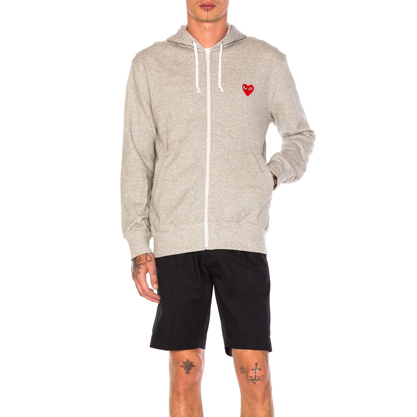 Comme des Garcons PLAY Red Emblem Zip Cotton Hoodie Grey - Im Your Wardrobe