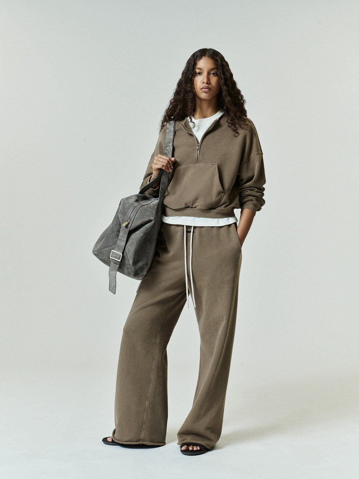 Fear of God Essentials Women's French Terry Relaxed Half Zip Washed Moss - Im Your Wardrobe