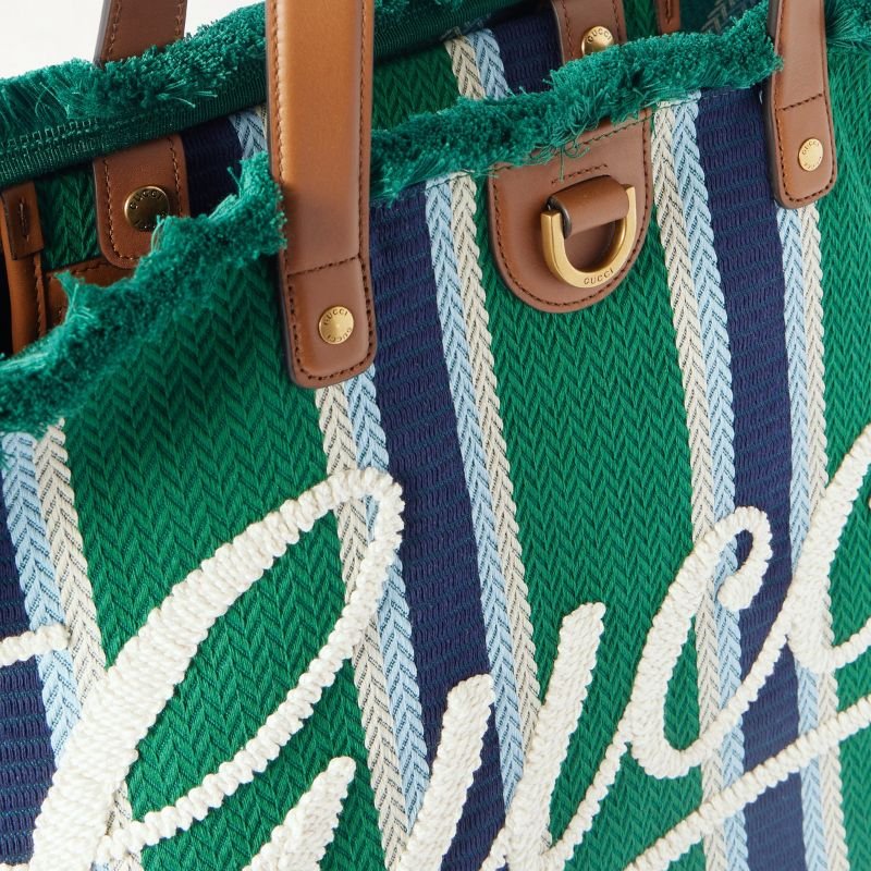 Gucci Logo - Embroidered Leather - Trimmed Striped Woven Tote Bag - Im Your Wardrobe