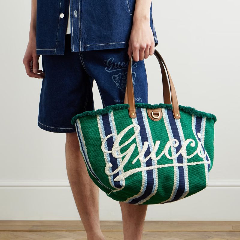 Gucci Logo - Embroidered Leather - Trimmed Striped Woven Tote Bag - Im Your Wardrobe