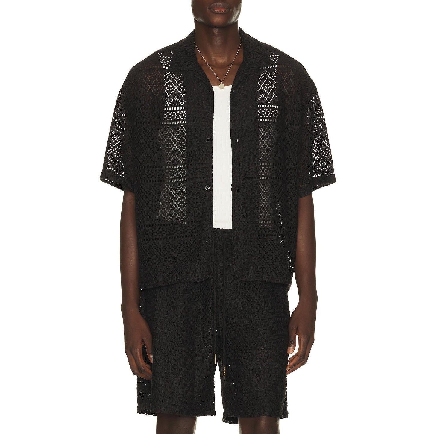Honor The Gift Pointelle Crochet Camp Collar Shirt Black - Im Your Wardrobe