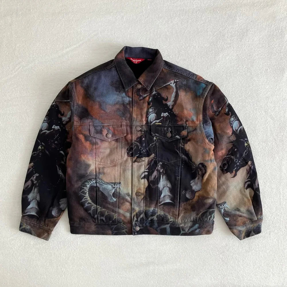 Supreme x Frank Frazetta Faux Shearling Lined Trucker Jacket (FW24) - Im Your Wardrobe