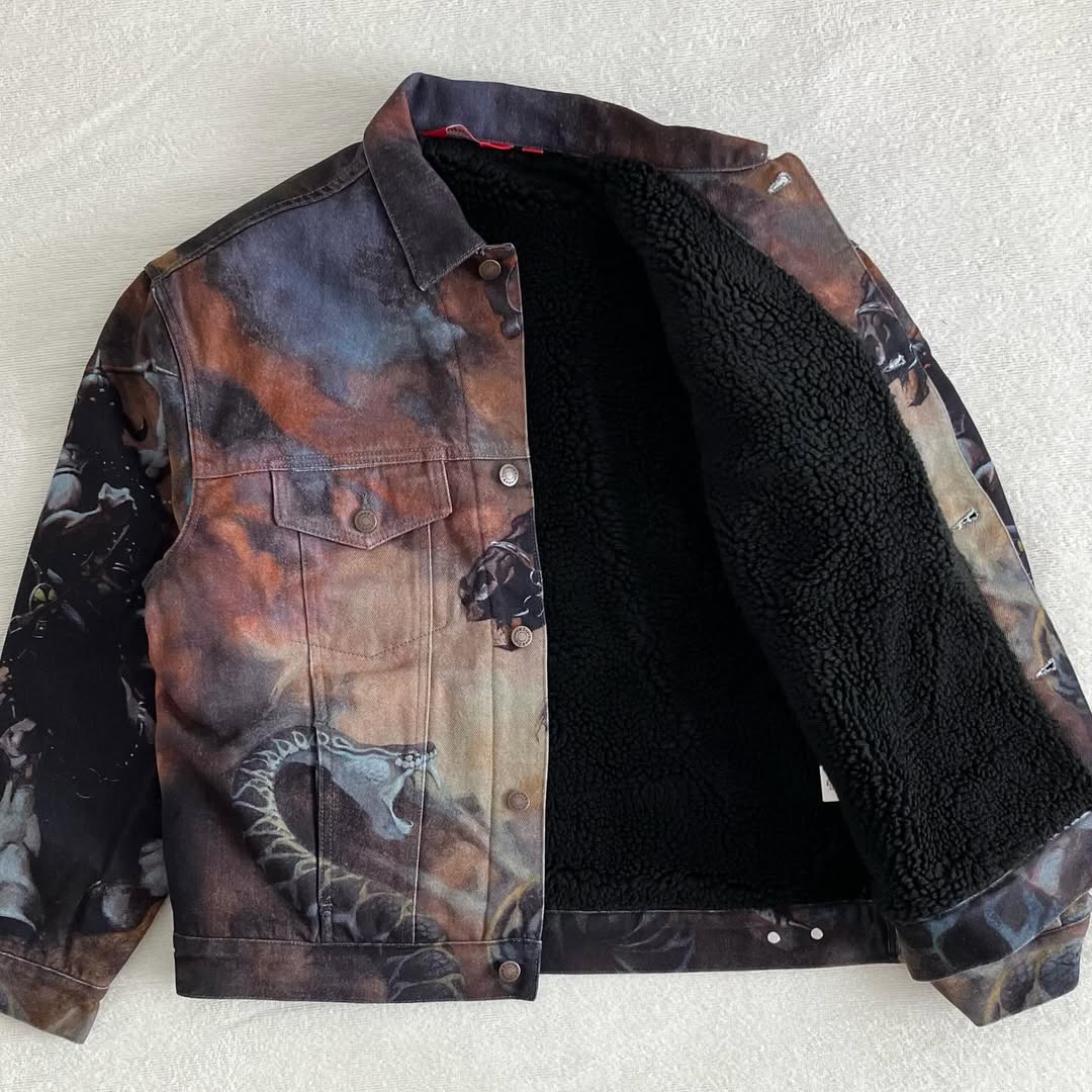 Supreme x Frank Frazetta Faux Shearling Lined Trucker Jacket (FW24) - Im Your Wardrobe