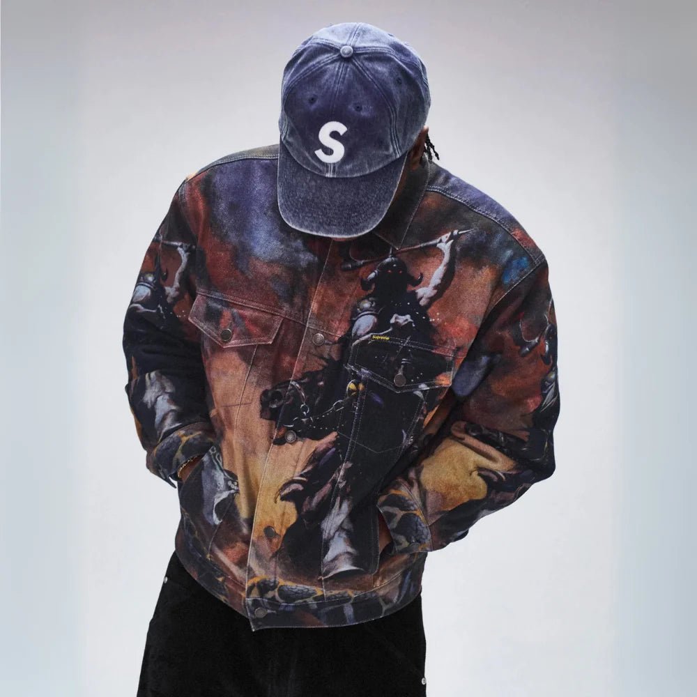 Supreme x Frank Frazetta Faux Shearling Lined Trucker Jacket (FW24) - Im Your Wardrobe