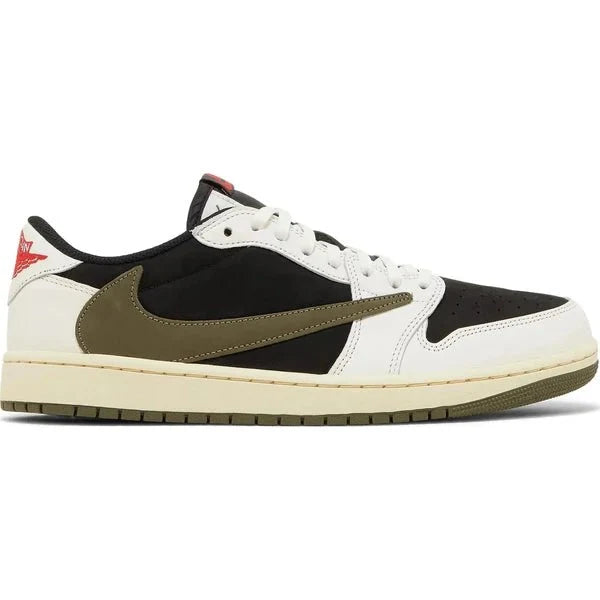 Travis Scott x Jordan 1 Low 'Olive' with black suede, sail leather and olive reverse Swoosh