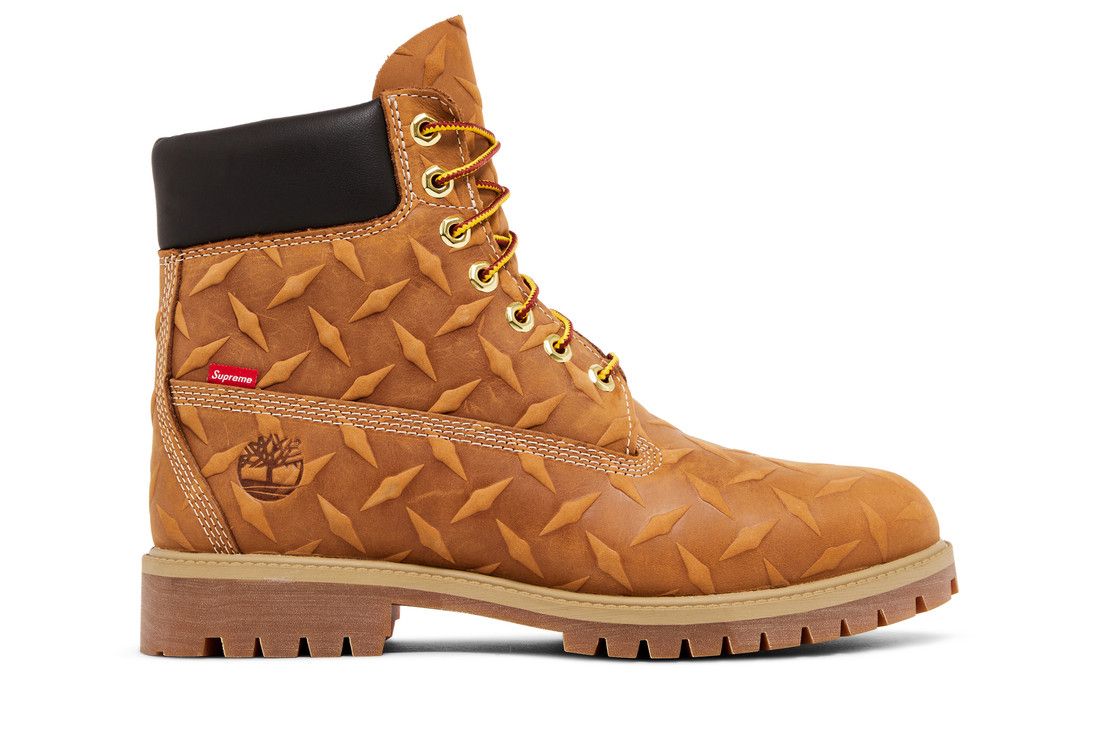Timberland 6 Inch Premium Waterproof Boot x Supreme Embossed Diamond Plate Wheat - Im Your Wardrobe