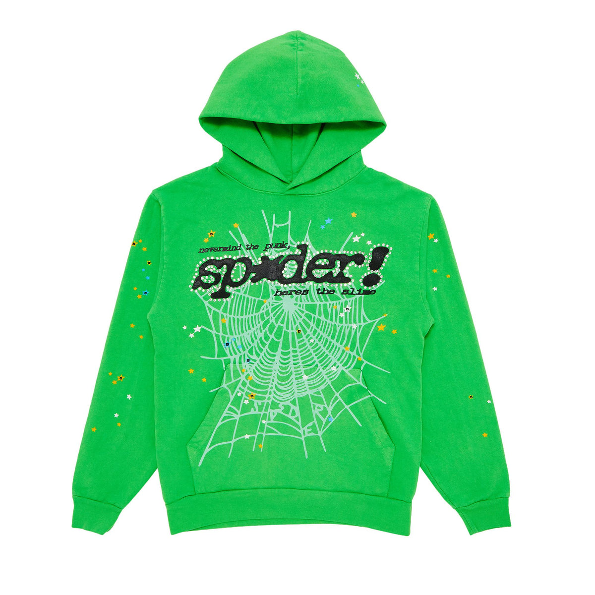 Sp5der Punk V2 Rhinestone Hoodie Bright Green front