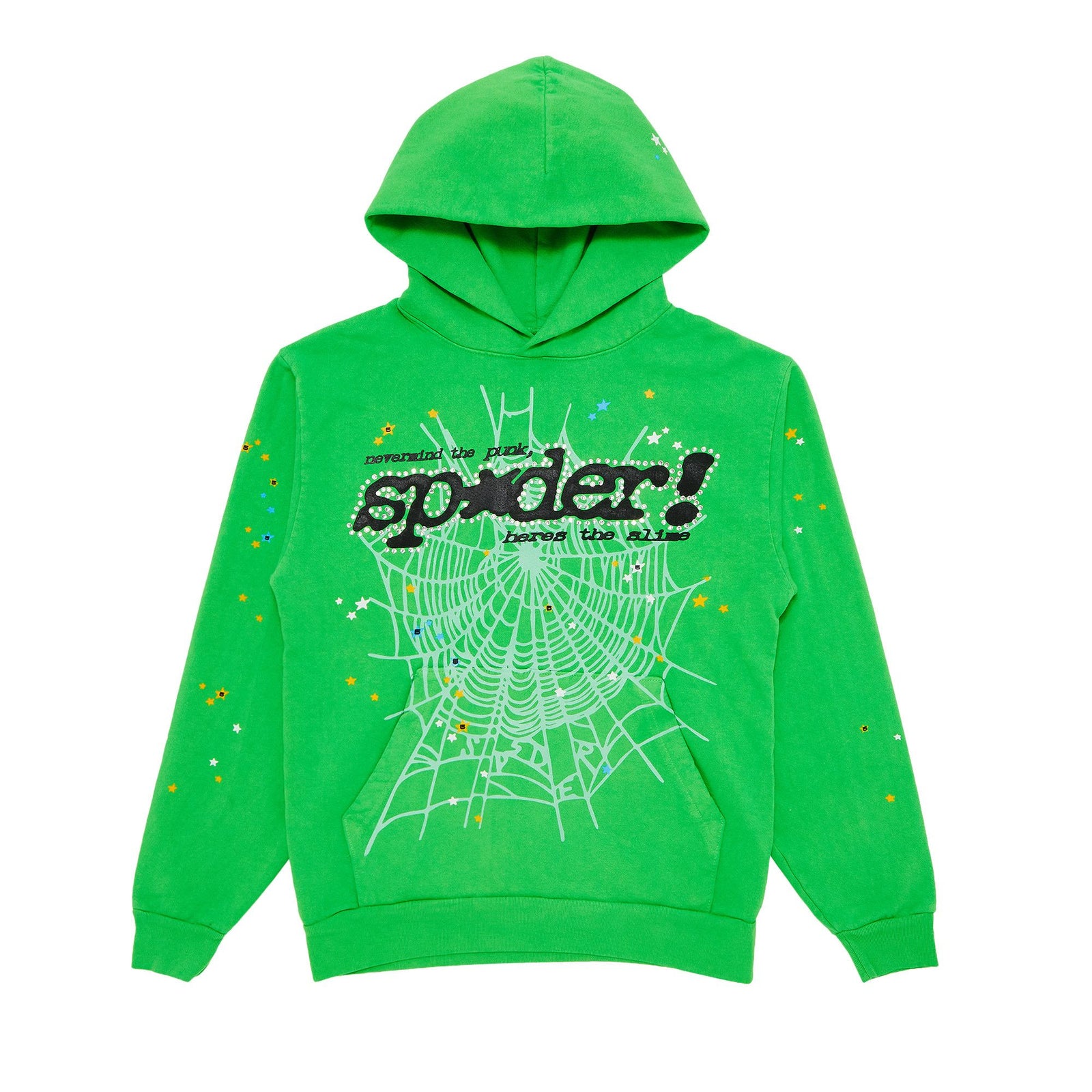 Sp5der Punk V2 Rhinestone Hoodie Bright Green front
