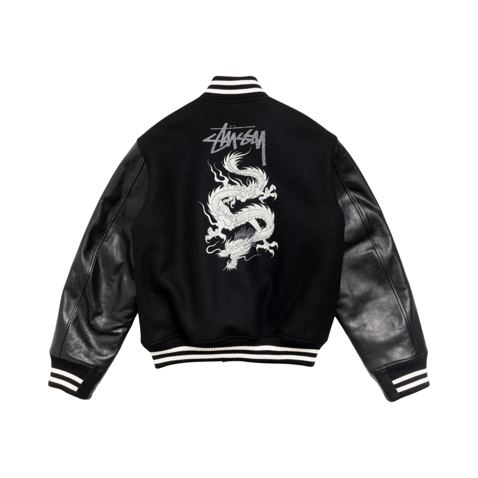 Junya Watanabe x Stussy W-Name Dragon Print Stadium Jacket Black front
