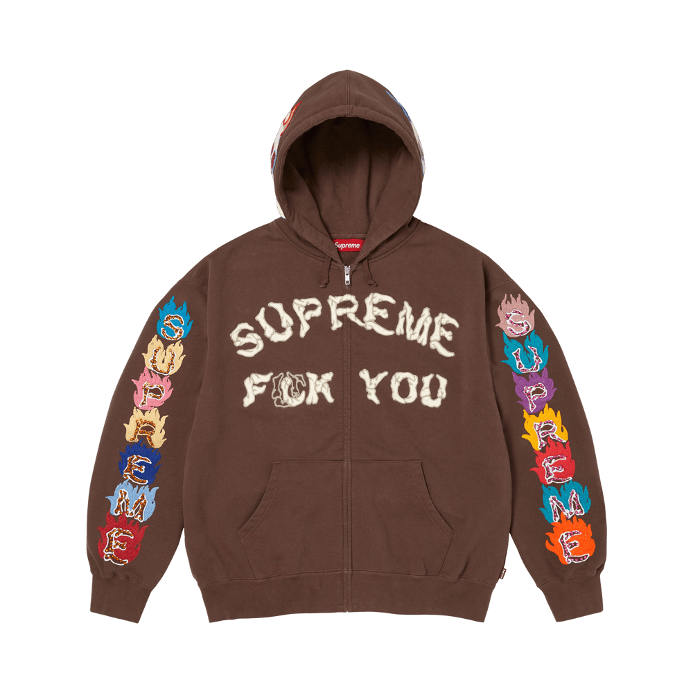 Supreme Fuck You Zip Up Hooded Sweatshirt Brown