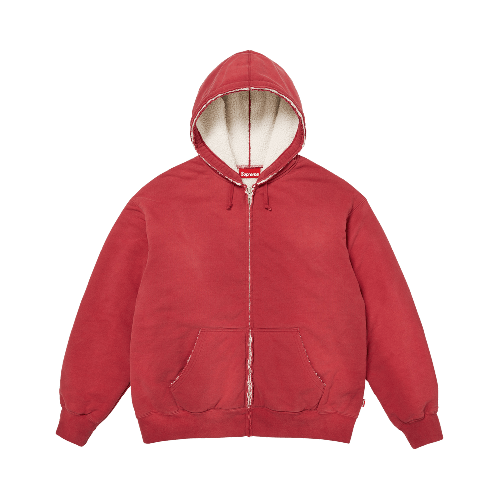 Supreme Shearling Lined Zip Up Hooded Sweatshirt Dark Red