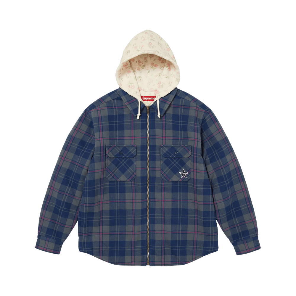 Supreme Thermal Lined Hooded Flannel Zip Up Shirt Blue