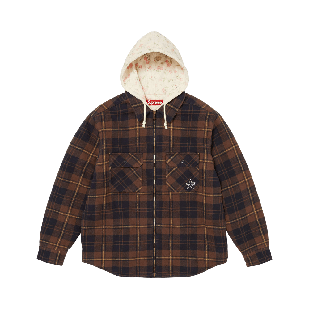 Supreme Thermal Lined Hooded Flannel Zip Up Shirt Brown