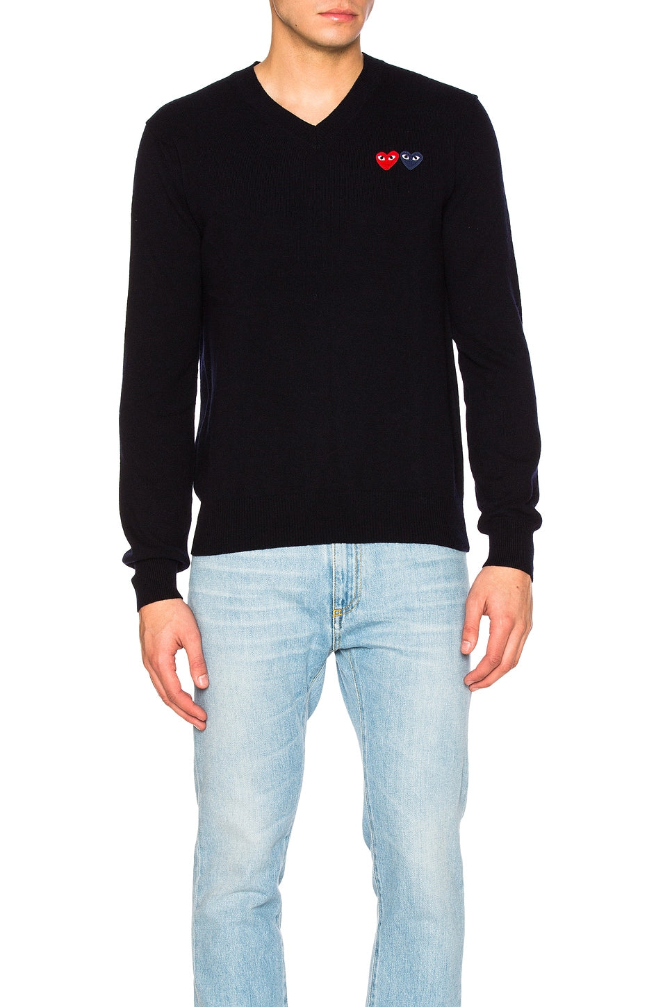 Comme des Garcons PLAY V Neck Double Emblem Sweater Black - Im Your Wardrobe