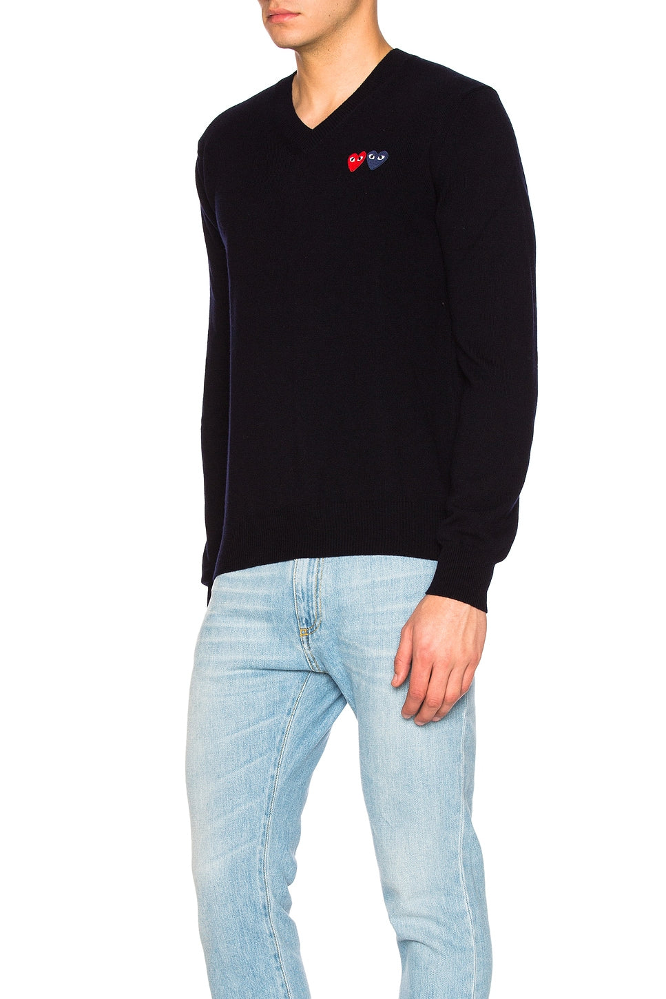 Comme des Garcons PLAY V Neck Double Emblem Sweater Black - Im Your Wardrobe