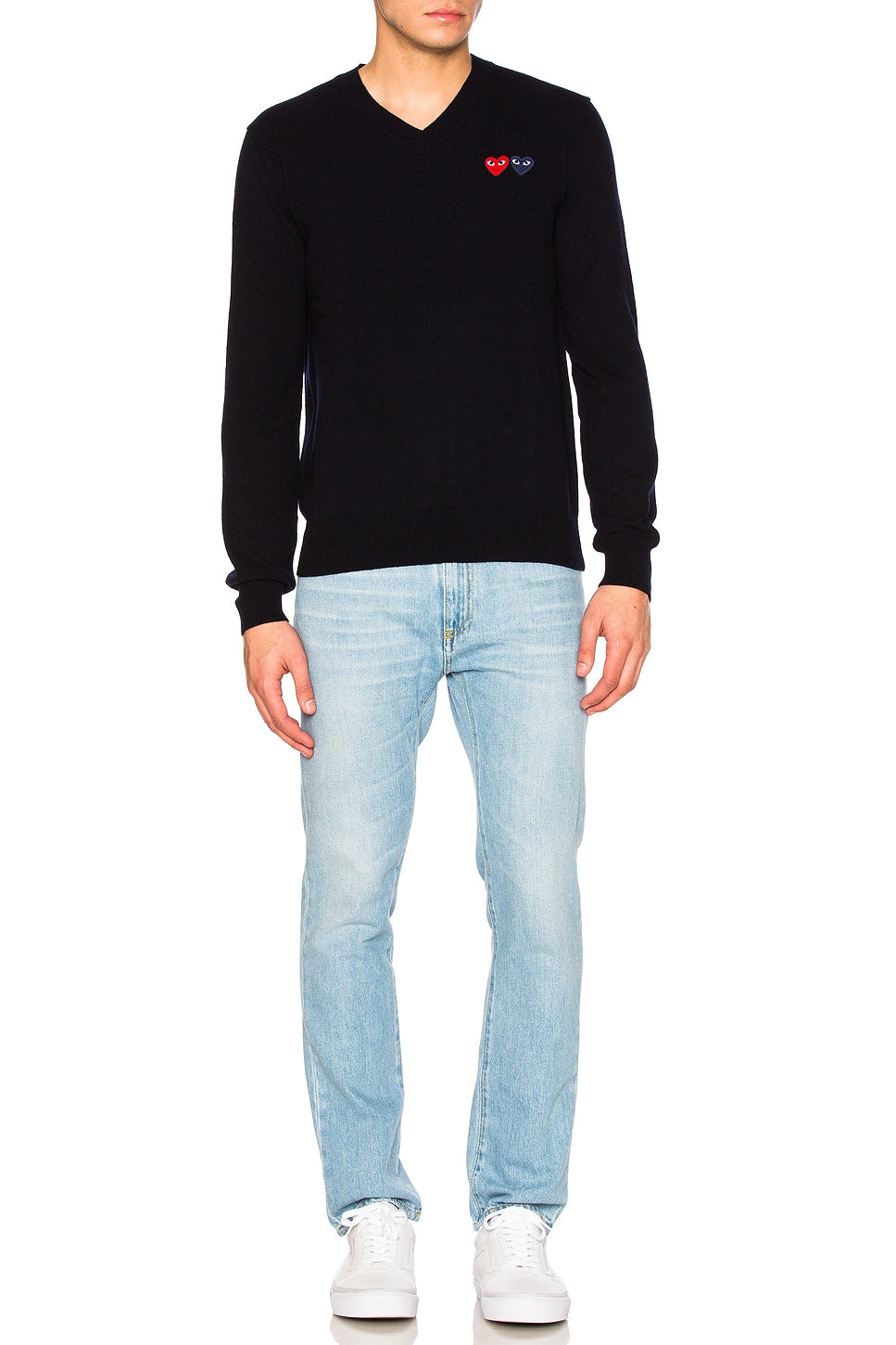 Comme des Garcons PLAY V Neck Double Emblem Sweater Black - Im Your Wardrobe
