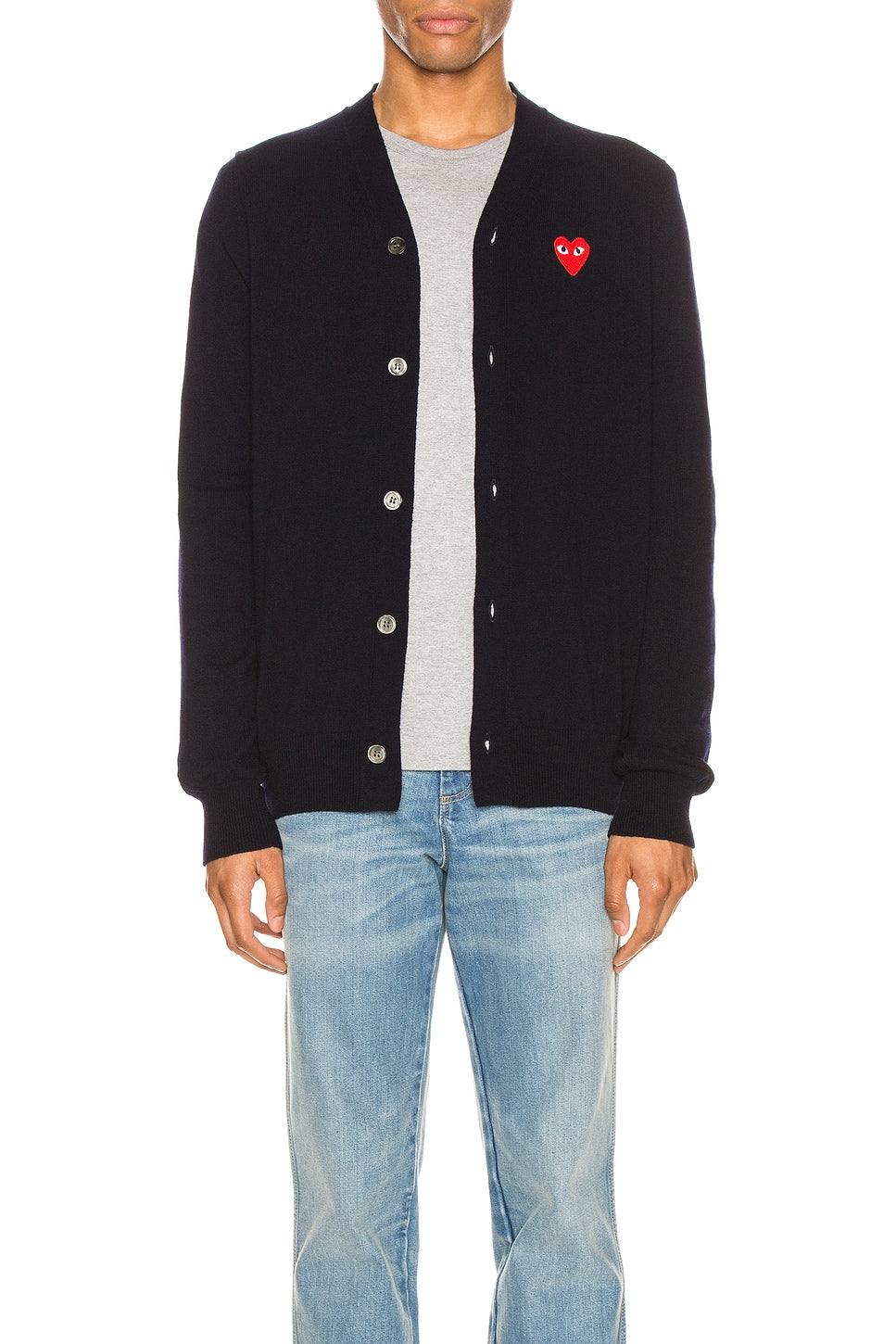 Comme des Garcons PLAY Lambswool Cardigan With Red Emblem Navy - Im Your Wardrobe