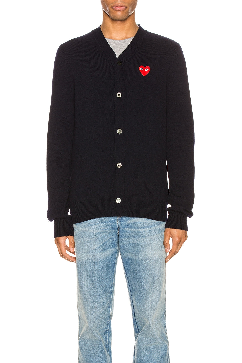 Comme des Garcons PLAY Lambswool Cardigan With Red Emblem Navy - Im Your Wardrobe