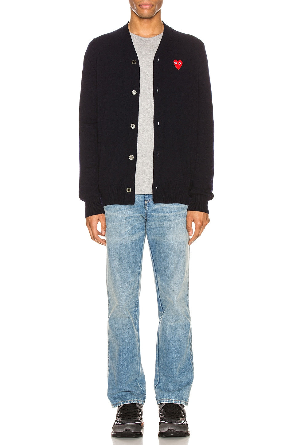 Comme des Garcons PLAY Lambswool Cardigan With Red Emblem Navy - Im Your Wardrobe