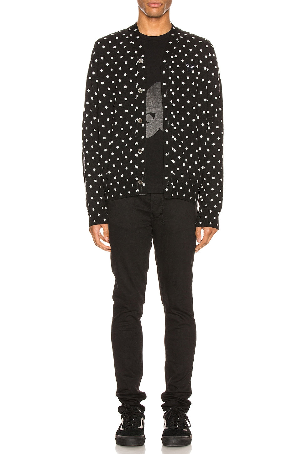 Comme des Garcons PLAY Dot Print Wool Cardigan With Black Emblem Black Natural - Im Your Wardrobe