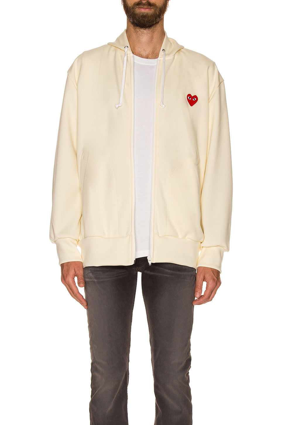 Comme des Garcons PLAY Zip Poly Hoodie With Red Emblem Ivory - Im Your Wardrobe