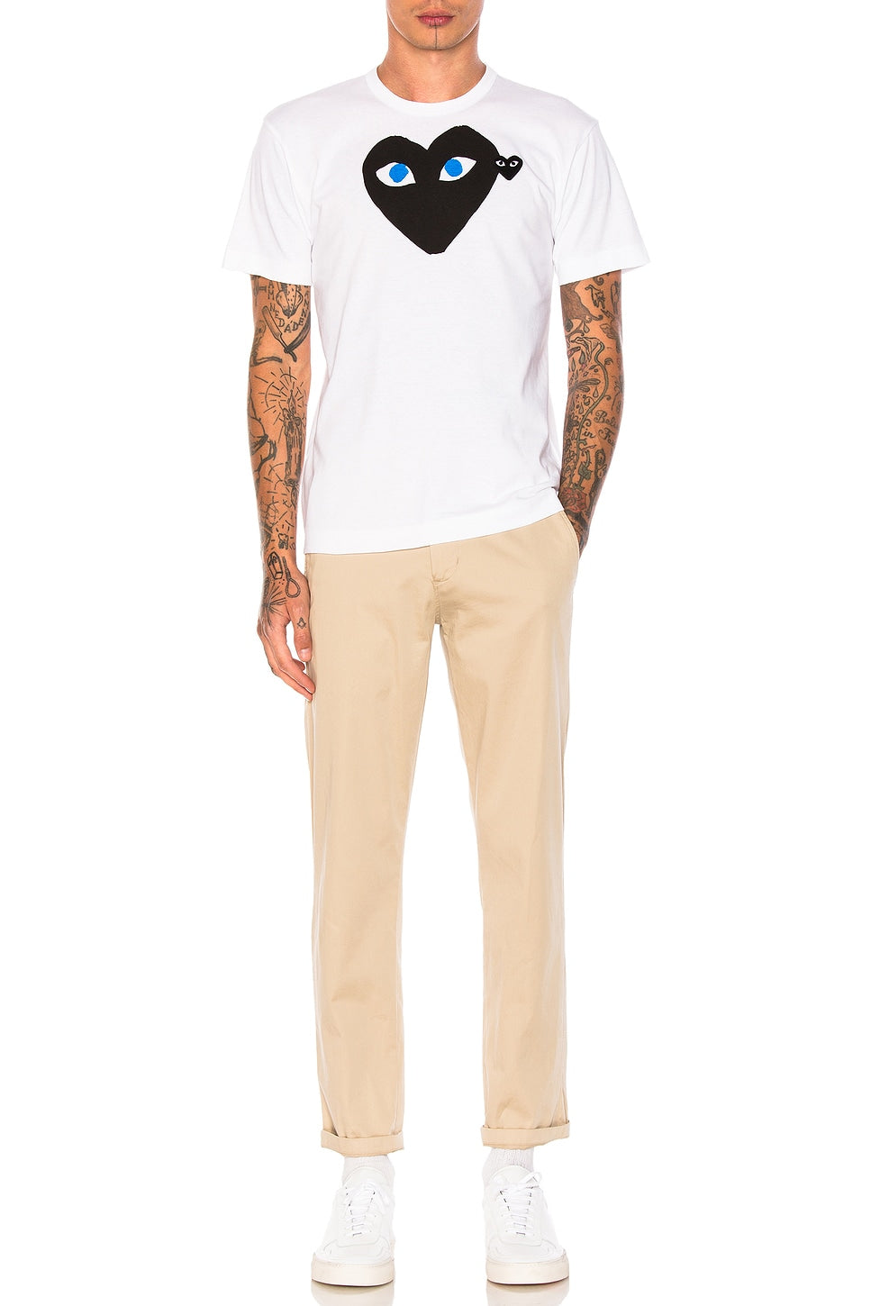 Comme des Garcons PLAY Blue Eyes Black Emblem Cotton Tee White - Im Your Wardrobe