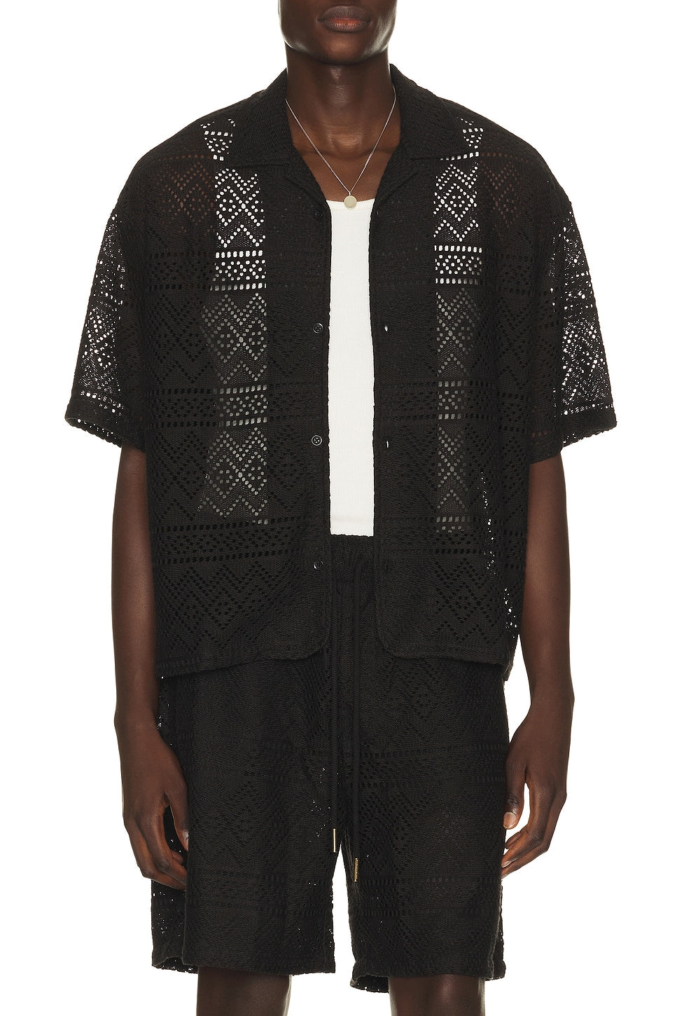 Honor The Gift Pointelle Crochet Camp Collar Shirt Black - Im Your Wardrobe