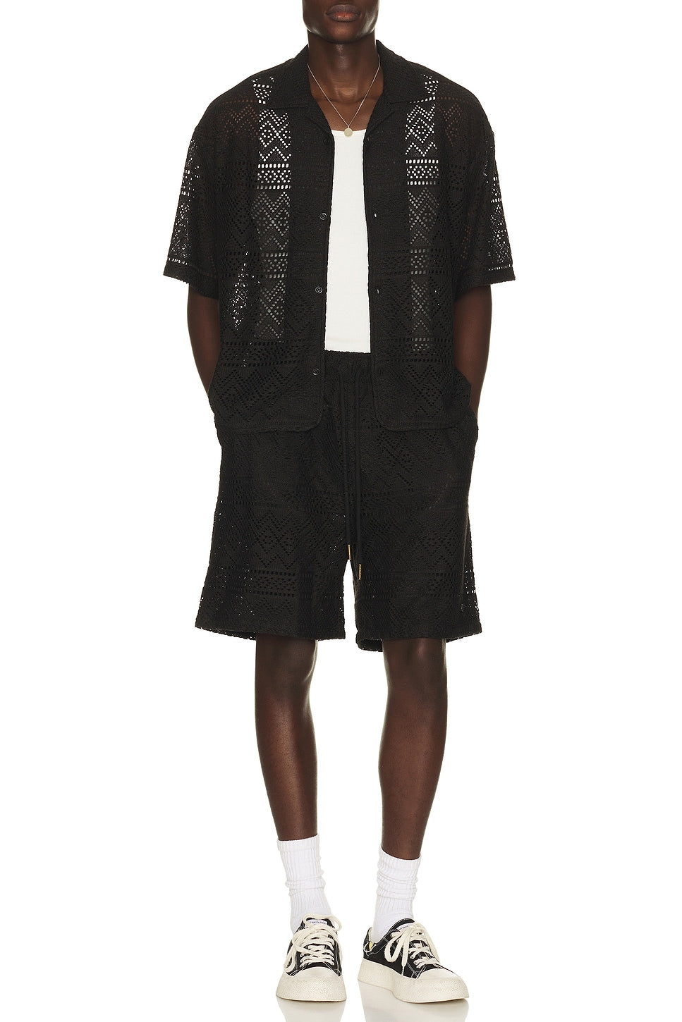 Honor The Gift Pointelle Crochet Camp Collar Shirt Black - Im Your Wardrobe