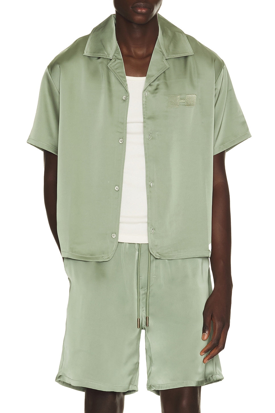 Honor The Gift Satin Chest Logo Camp Collar Shirt Sage - Im Your Wardrobe