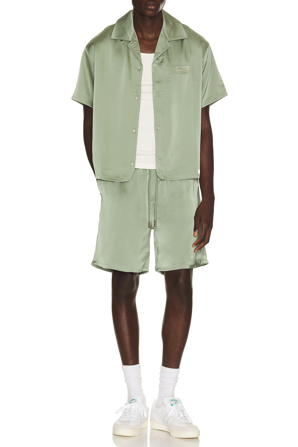 Honor The Gift Satin Chest Logo Camp Collar Shirt Sage - Im Your Wardrobe