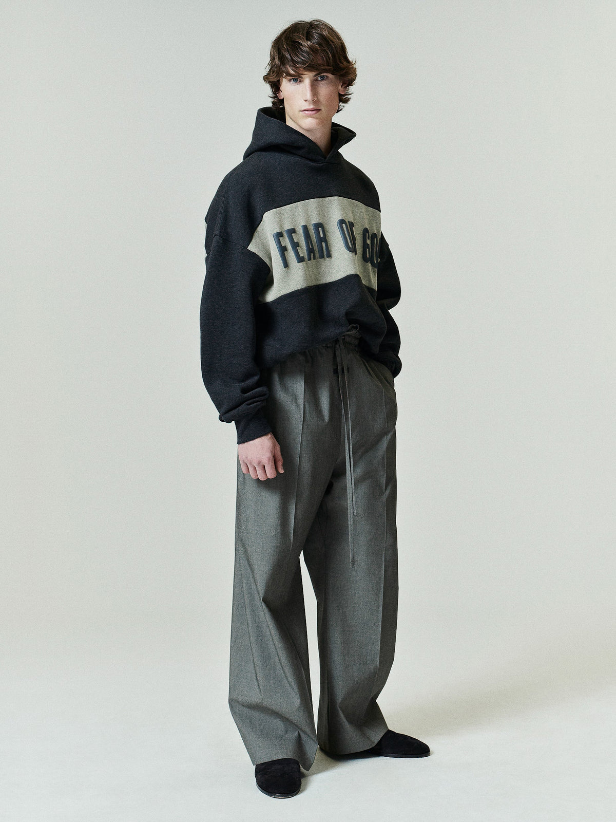 Fear of God Essentials Cropped Relaxed Panelled Hoodie Iron Grey Heather/ Seal Heather - Im Your Wardrobe