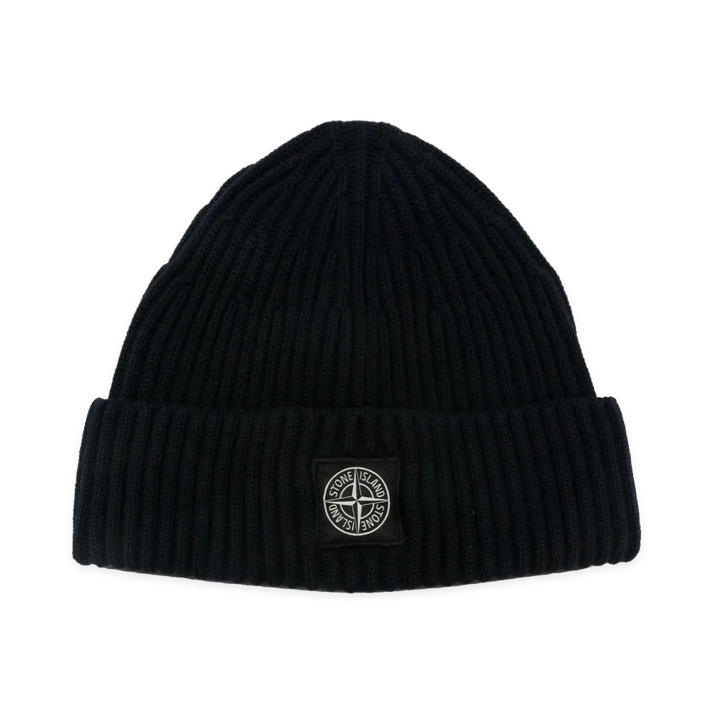 Stone Island Ribbed Wool Compass Patch Beanie Black
