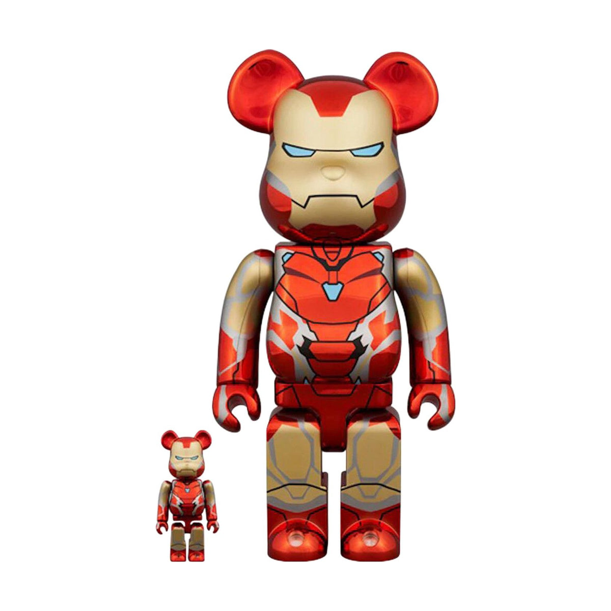 BE@RBRICK Iron Man Mark 85 Chrome 100% & 400% Set front