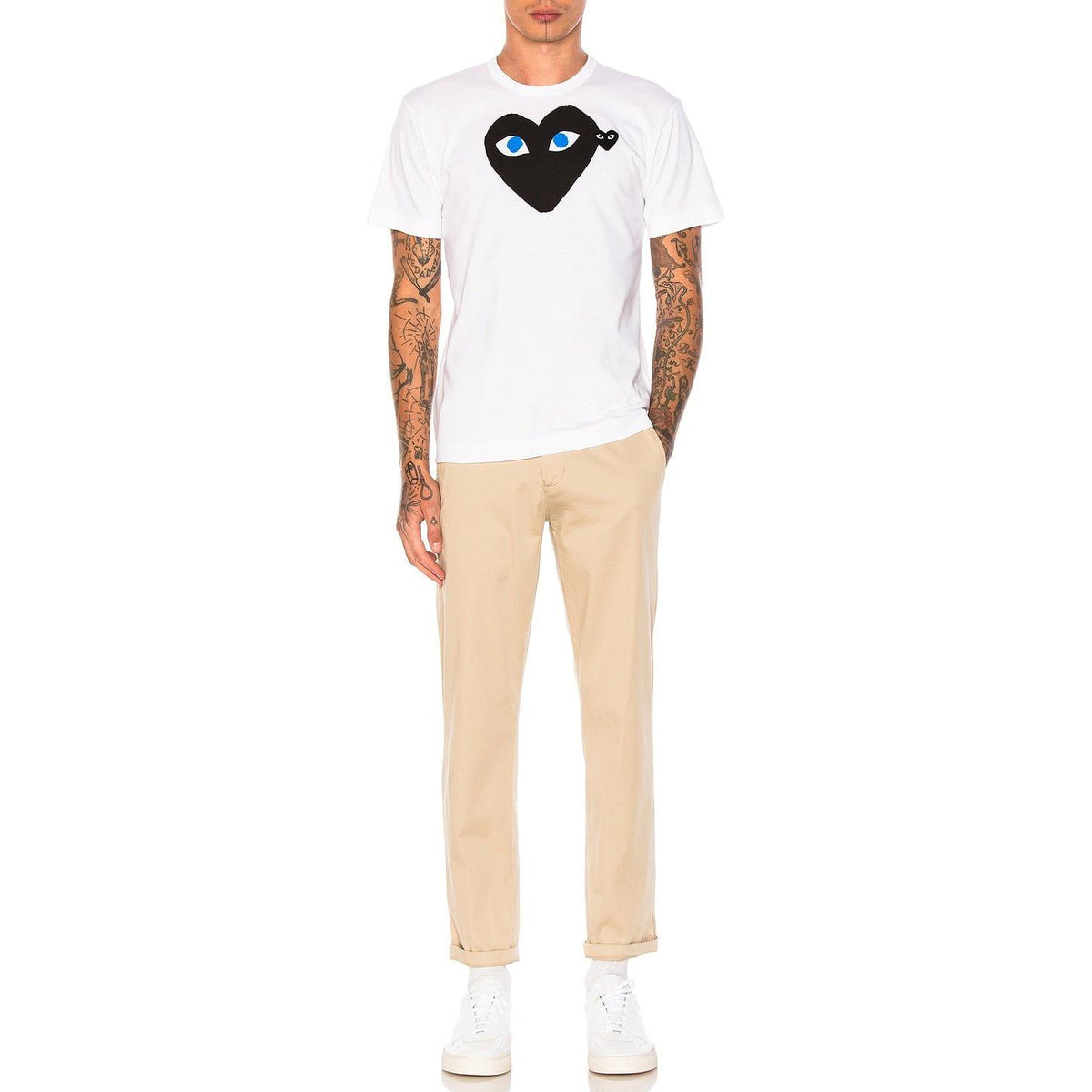 Comme des Garcons PLAY Blue Eyes Black Emblem Cotton Tee White - Im Your Wardrobe