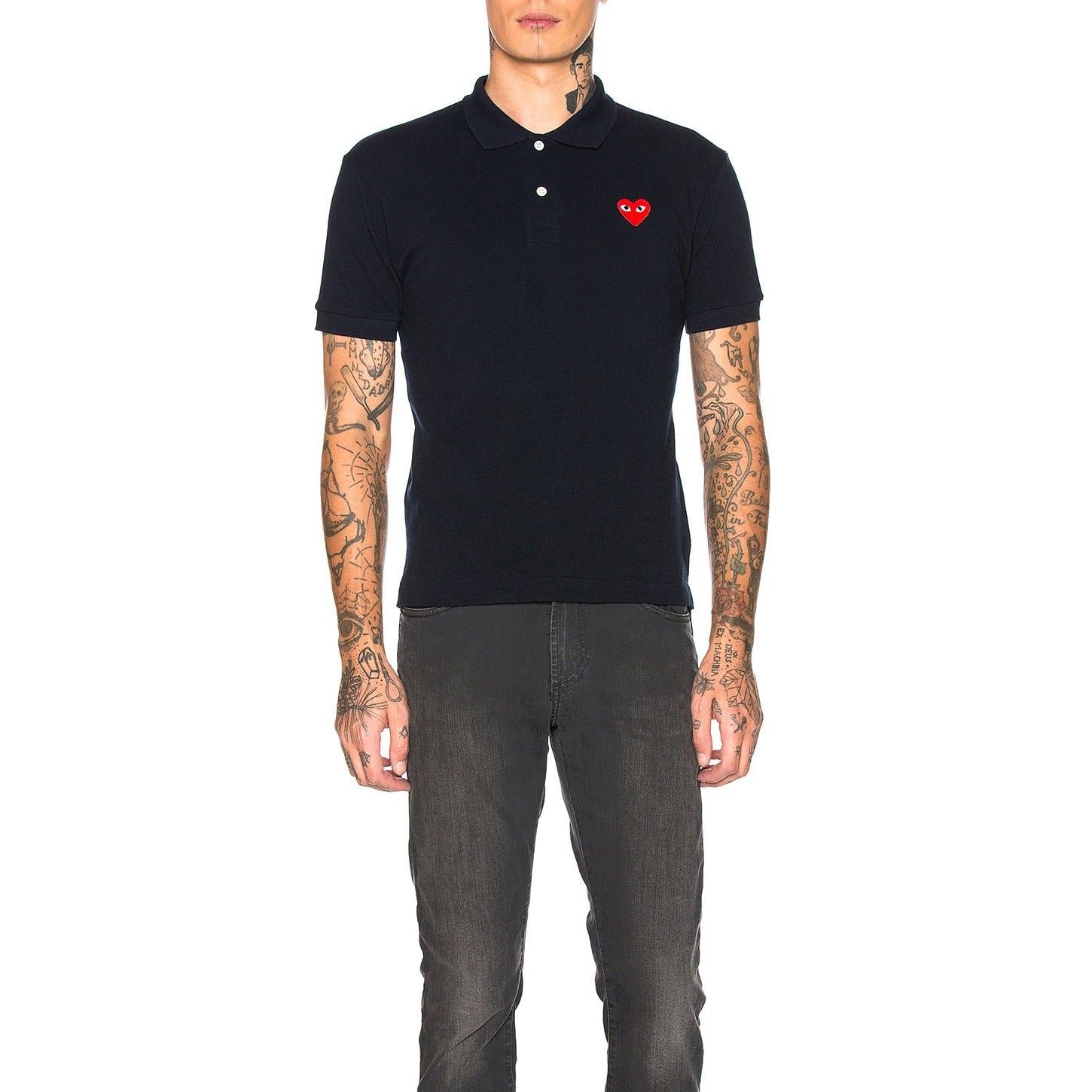 Comme des Garcons PLAY Cotton Polo With Red Emblem Navy - Im Your Wardrobe
