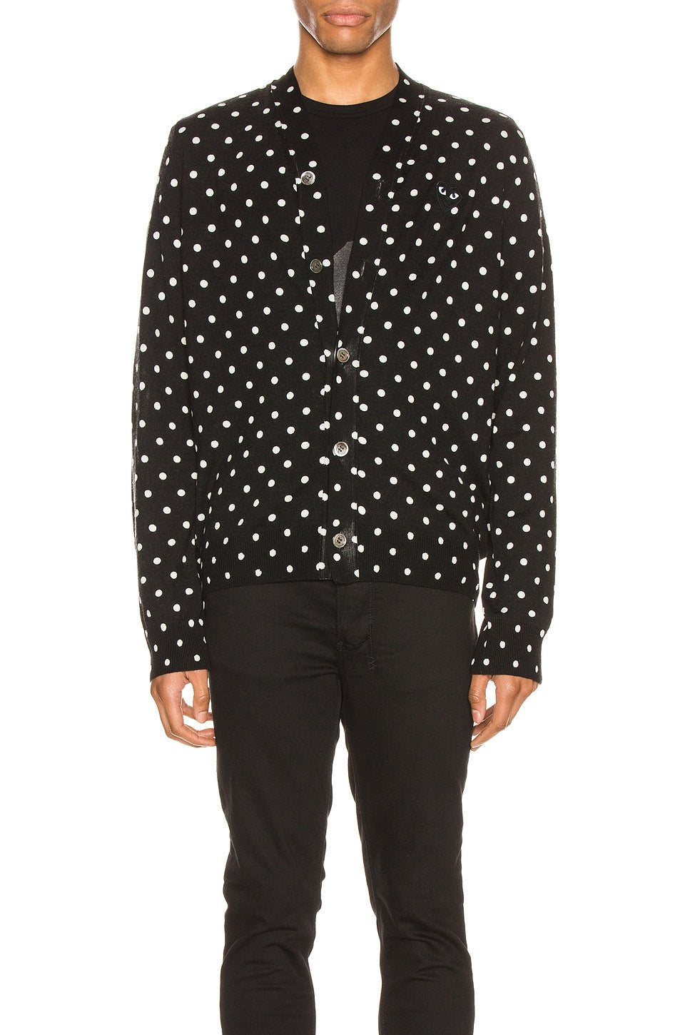 Comme des Garcons PLAY Dot Print Wool Cardigan With Black Emblem Black Natural