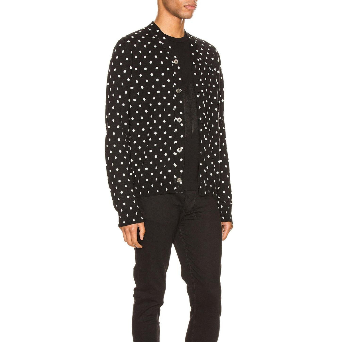 Comme des Garcons PLAY Dot Print Wool Cardigan With Black Emblem Black Natural - Im Your Wardrobe