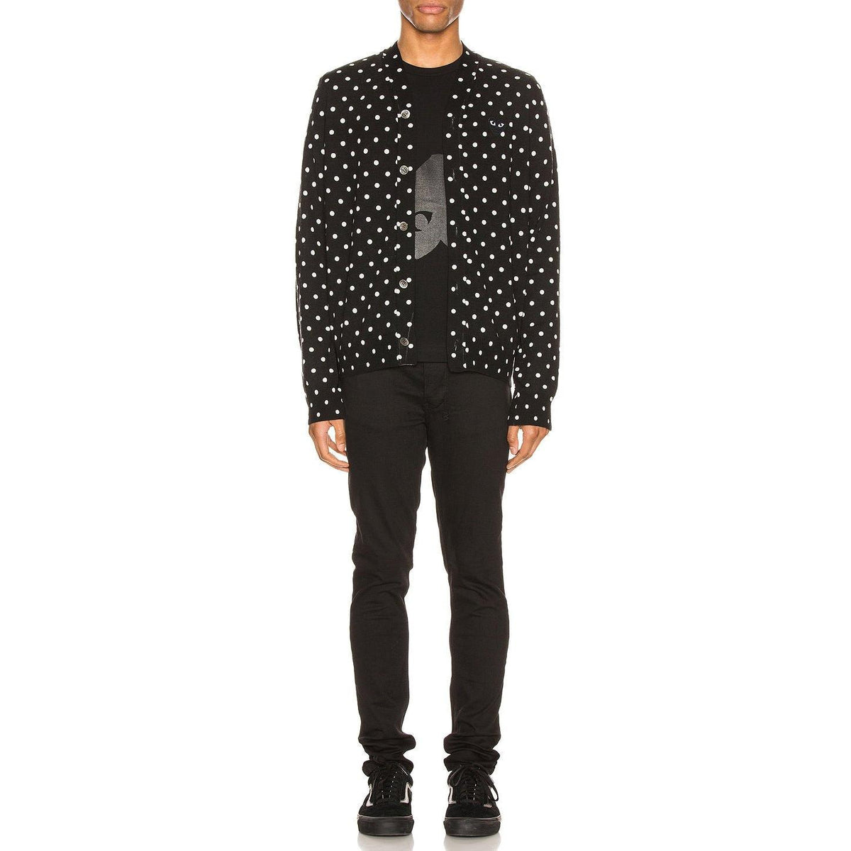 Comme des Garcons PLAY Dot Print Wool Cardigan With Black Emblem Black Natural - Im Your Wardrobe