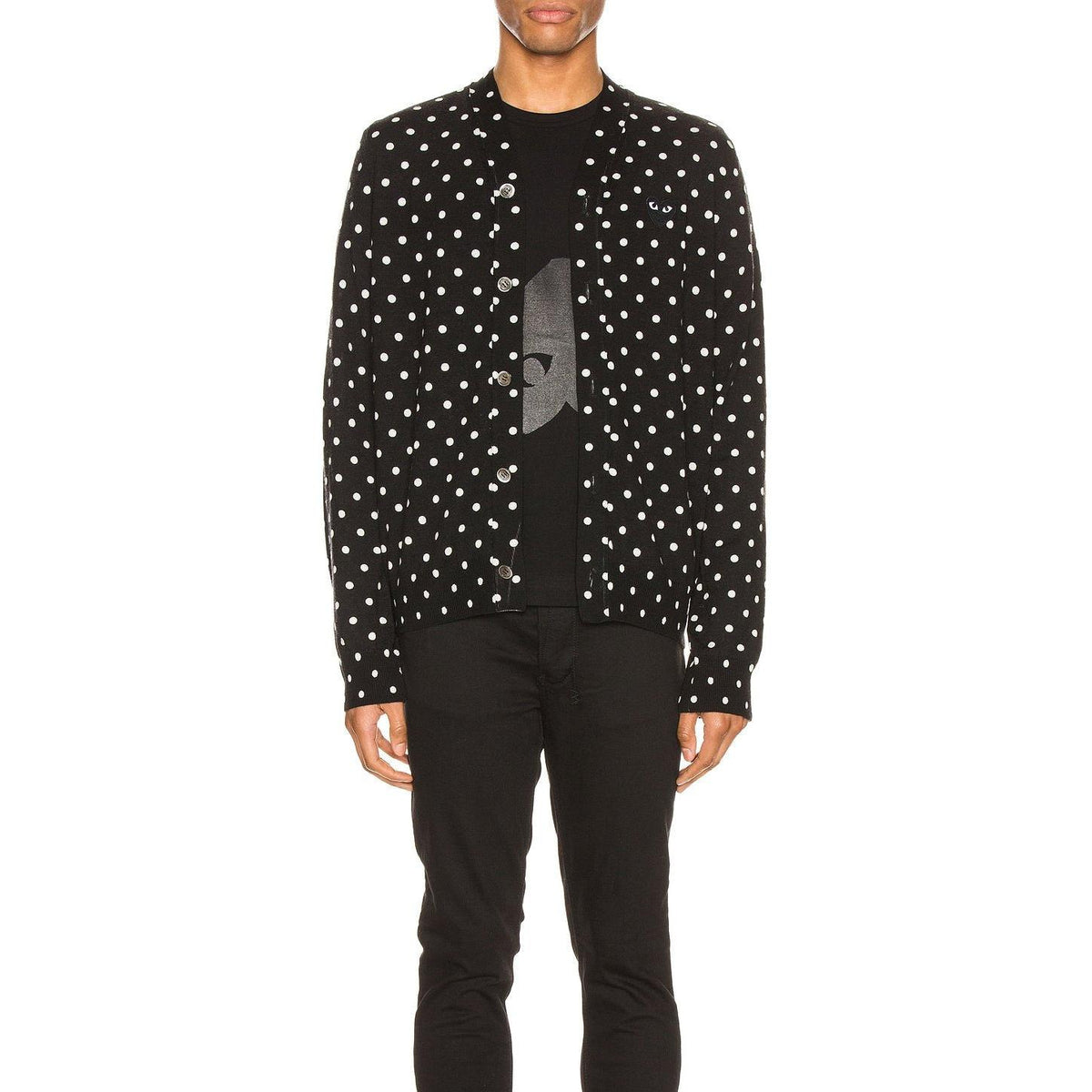 Comme des Garcons PLAY Dot Print Wool Cardigan With Black Emblem Black Natural - Im Your Wardrobe