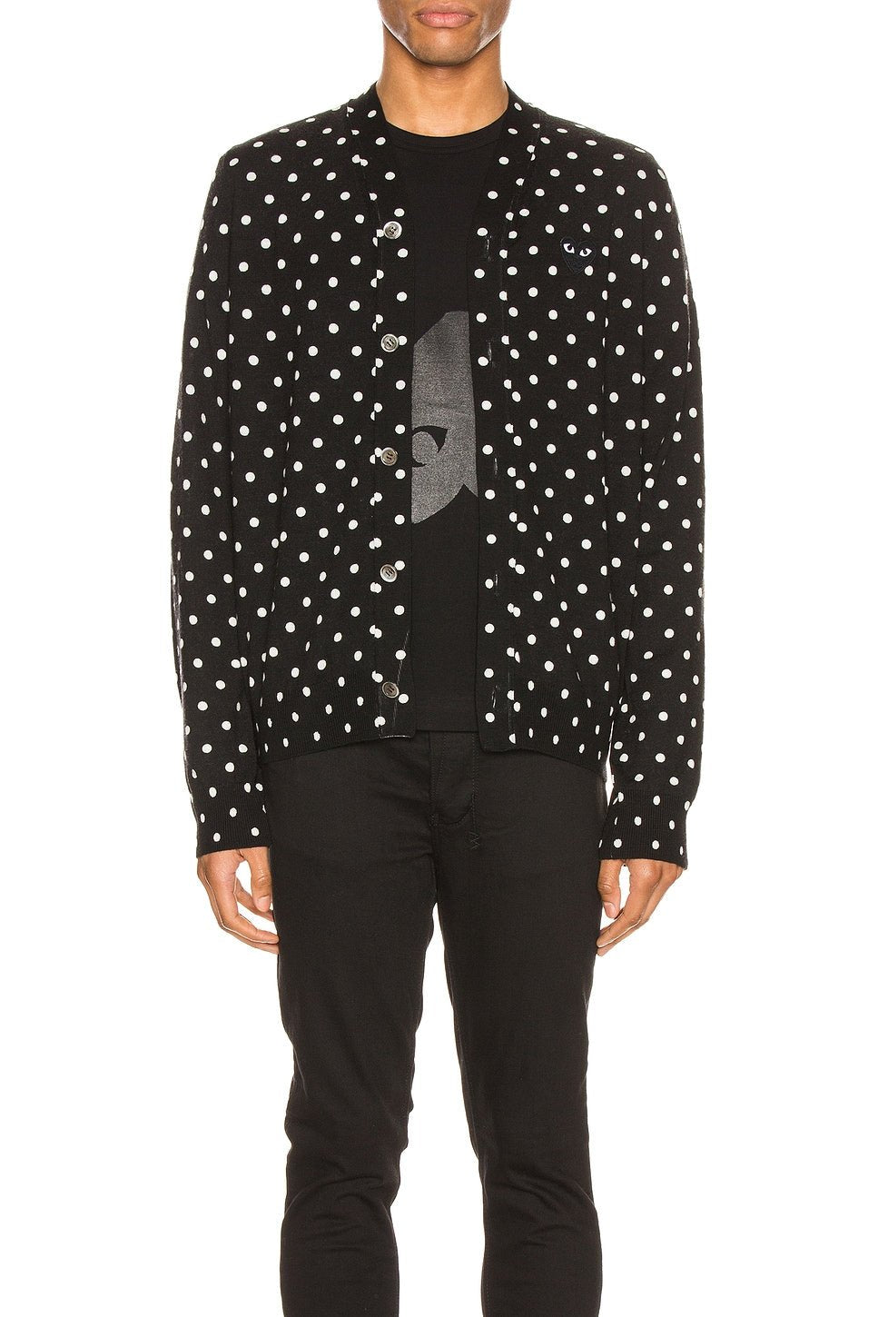 Comme des Garcons PLAY Dot Print Wool Cardigan With Black Emblem Black Natural