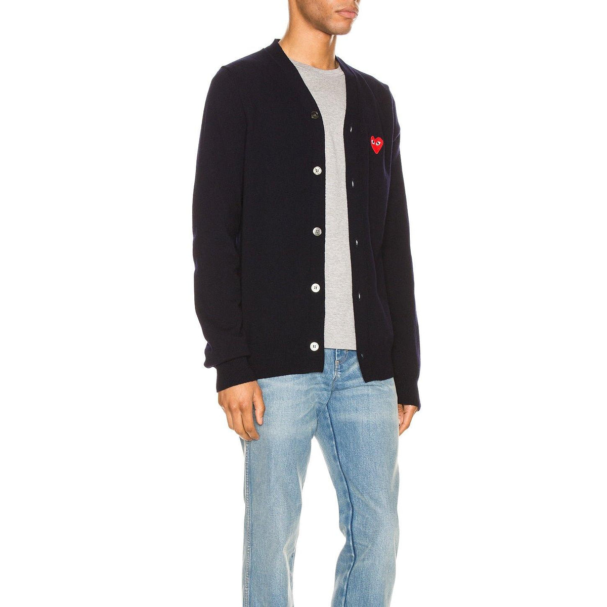 Comme des Garcons PLAY Lambswool Cardigan With Red Emblem Navy - Im Your Wardrobe