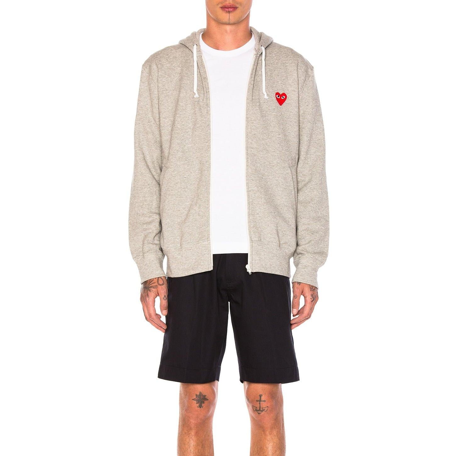 Comme des Garcons PLAY Red Emblem Zip Cotton Hoodie Grey - Im Your Wardrobe