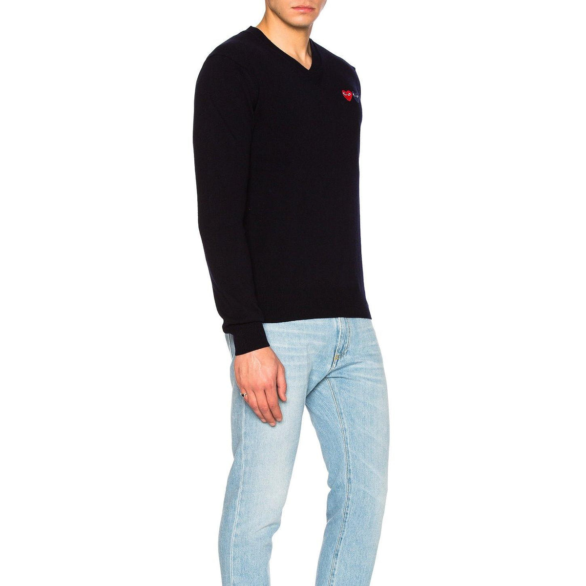 Comme des Garcons PLAY V Neck Double Emblem Sweater Black - Im Your Wardrobe