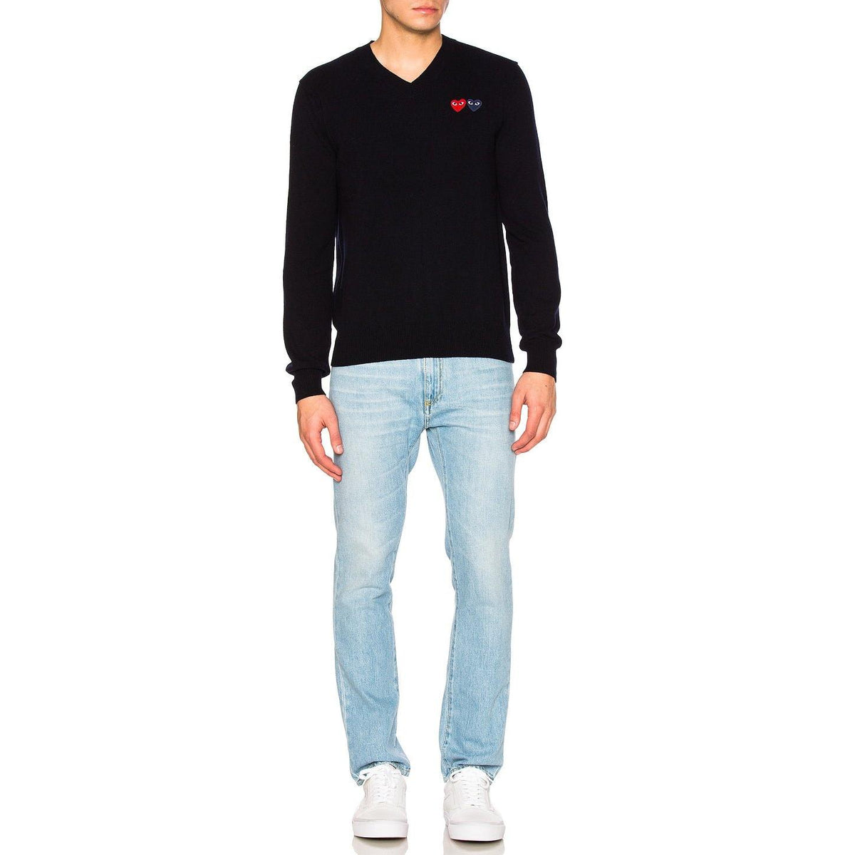Comme des Garcons PLAY V Neck Double Emblem Sweater Black - Im Your Wardrobe