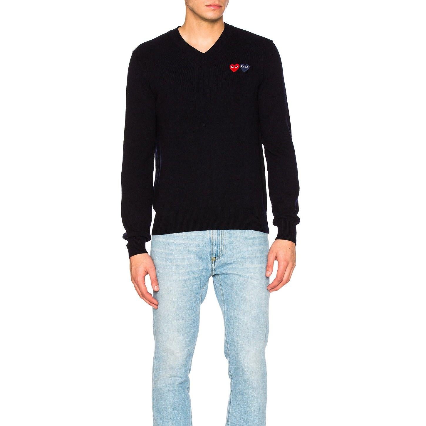 Comme des Garcons PLAY V Neck Double Emblem Sweater Black - Im Your Wardrobe