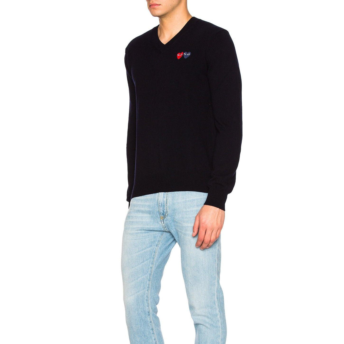 Comme des Garcons PLAY V Neck Double Emblem Sweater Black - Im Your Wardrobe